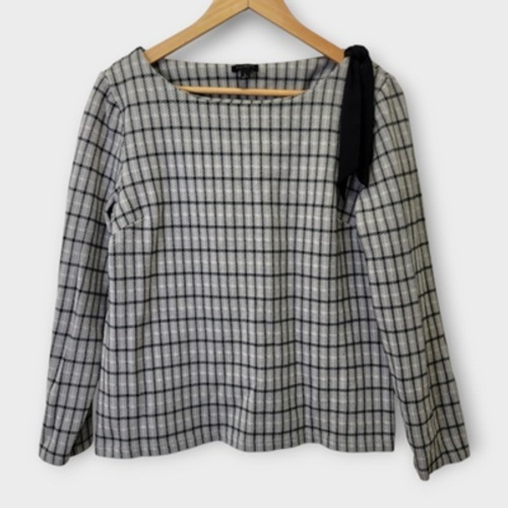 Talbots Plaid Shoulder Tie Knit Top Womens Large Gray Black‎ Preppy Classic